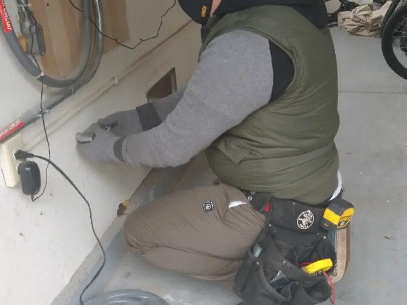 Electrician performing outlet wiring in a Monroe garage